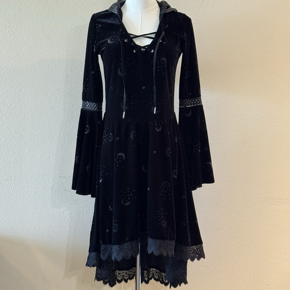 Gothic Witch Celestial Velvet Hooded Dress Bell Sleeve Lace Up Halloween